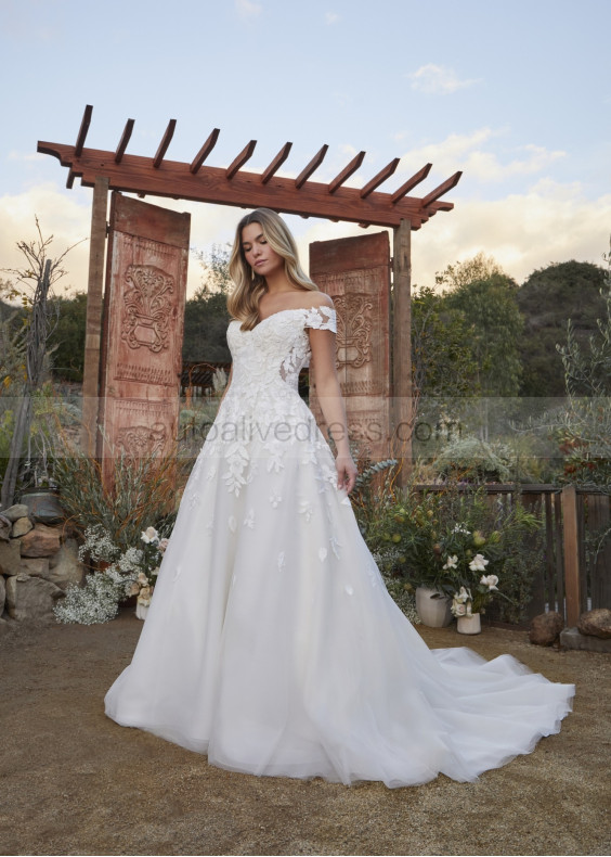 Off Shoulder Ivory Sequined Lace Tulle Illusion Back Wedding Dress